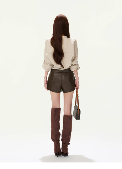CYNR Cowl Neck Drop-Sleeve Shirt &amp; Leather Shorts