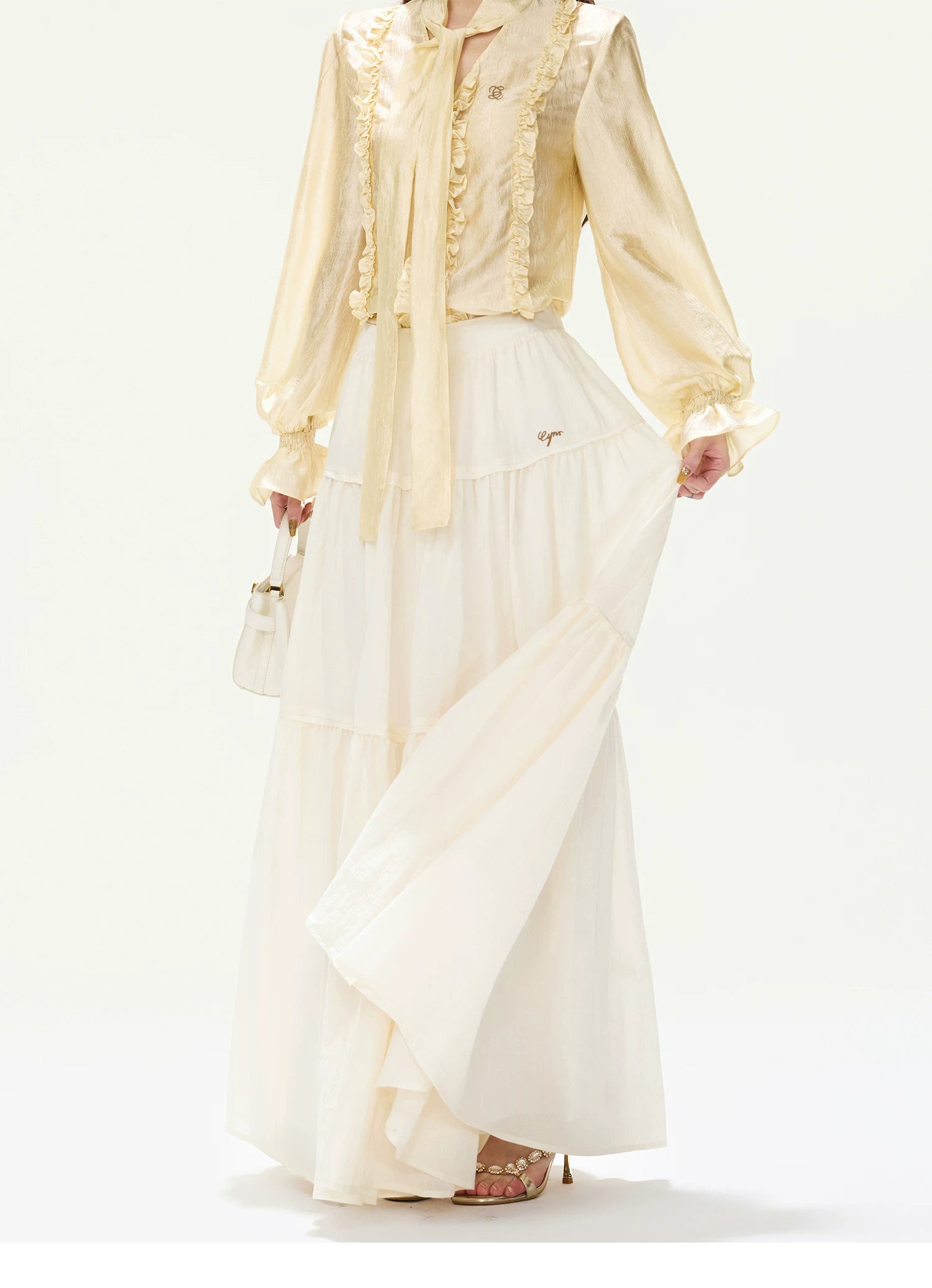 CYNR Ruffled Satin Blouse and Tiered Skirt Set