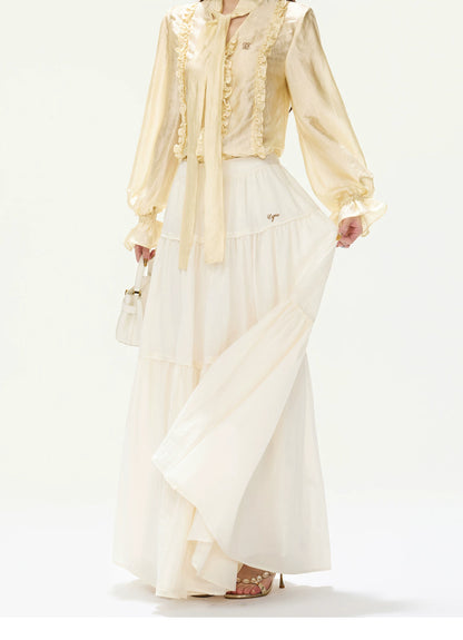 CYNR Ruffled Satin Blouse and Tiered Skirt Set