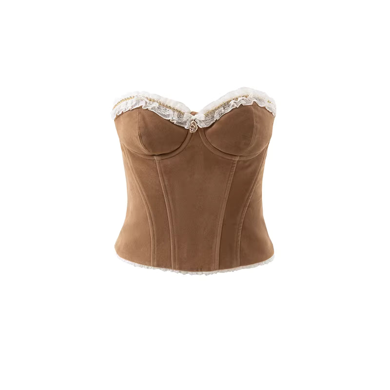 JELLOJELLO Suede patchwork lace diamond chain fishbone strapless top