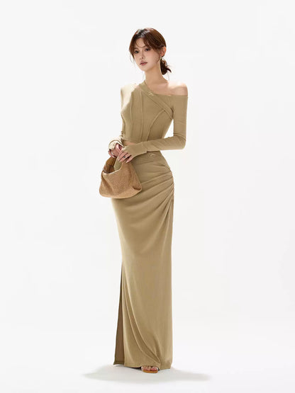 CYNR Slanted shoulder slim fit top + hollowed out long skirt