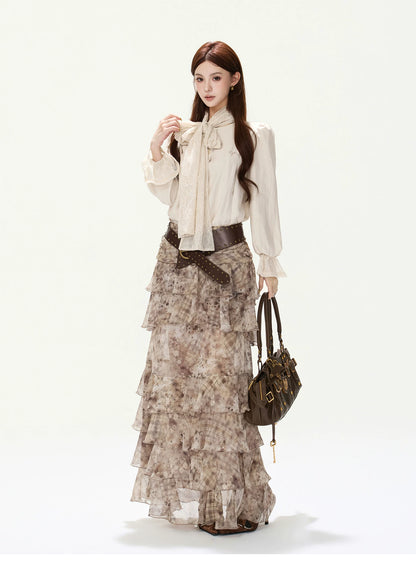 CYNR Lace Tie-Detail Blouse &amp; Chiffon Midi Skirt