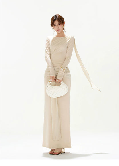 CYNR Slim fit pleated ribbon top + tied long skirt