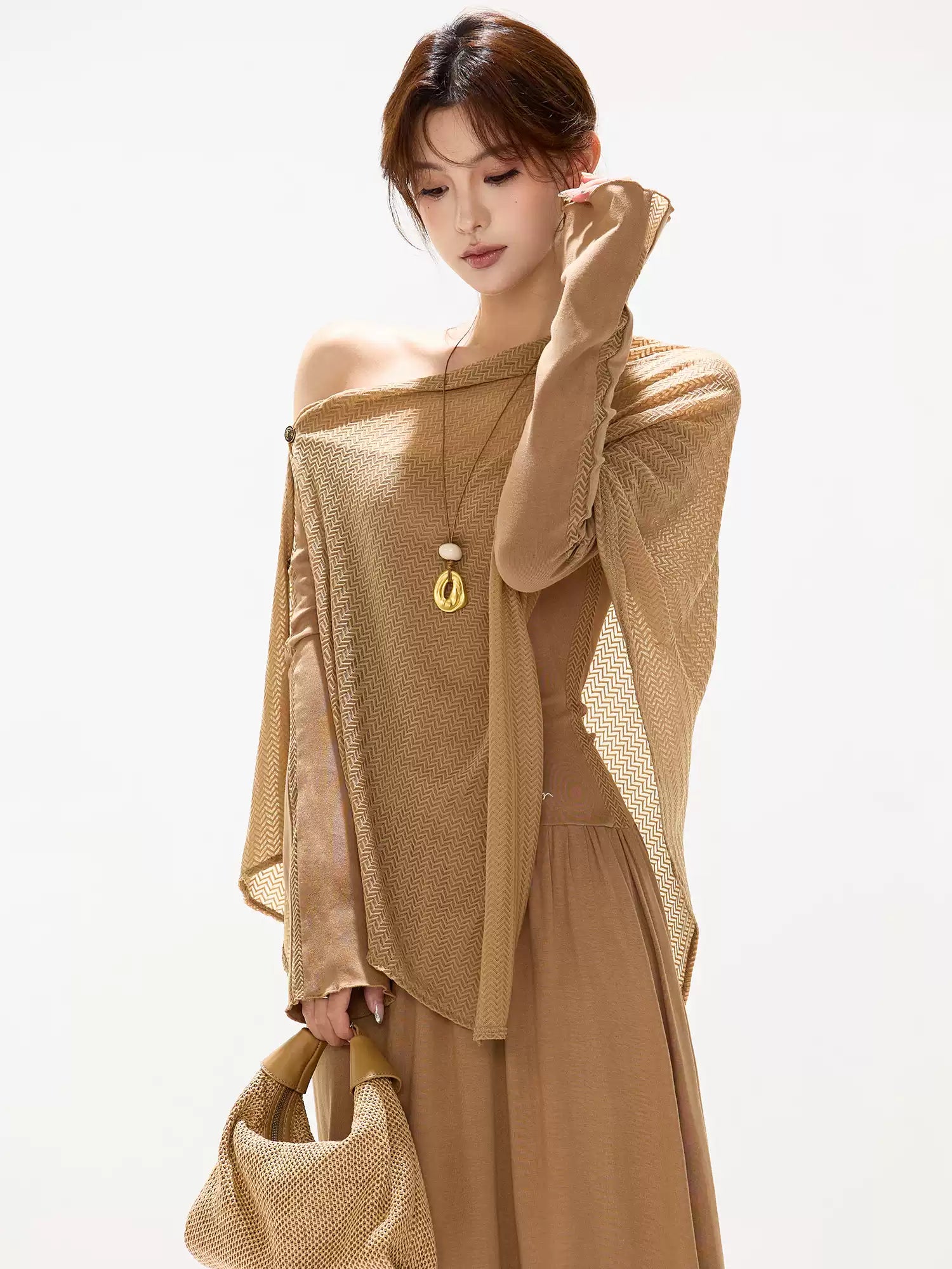 CYNR Hollow knit shawl one shoulder dress