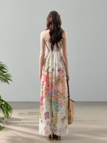 YZZI HE French holiday-style floral print chiffon halter maxi dress
