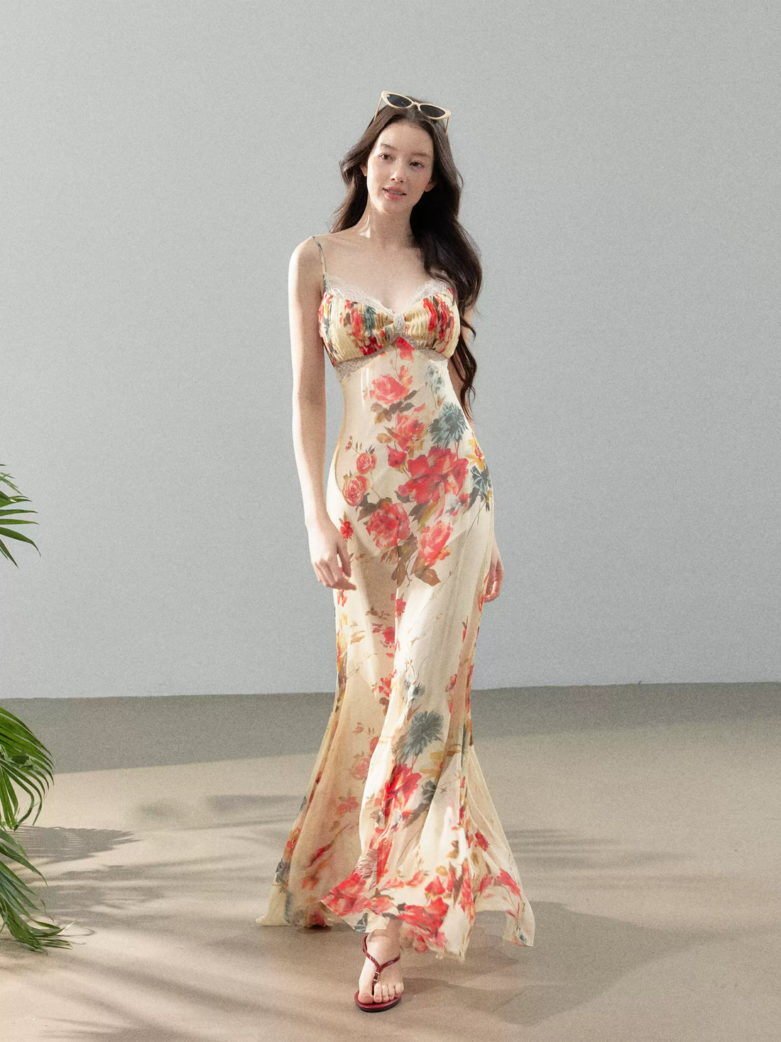 YZZI HE French printed chiffon suspender fishtail dress