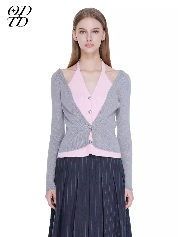 ODTD Fake two-piece neck hanging knitted cardigan