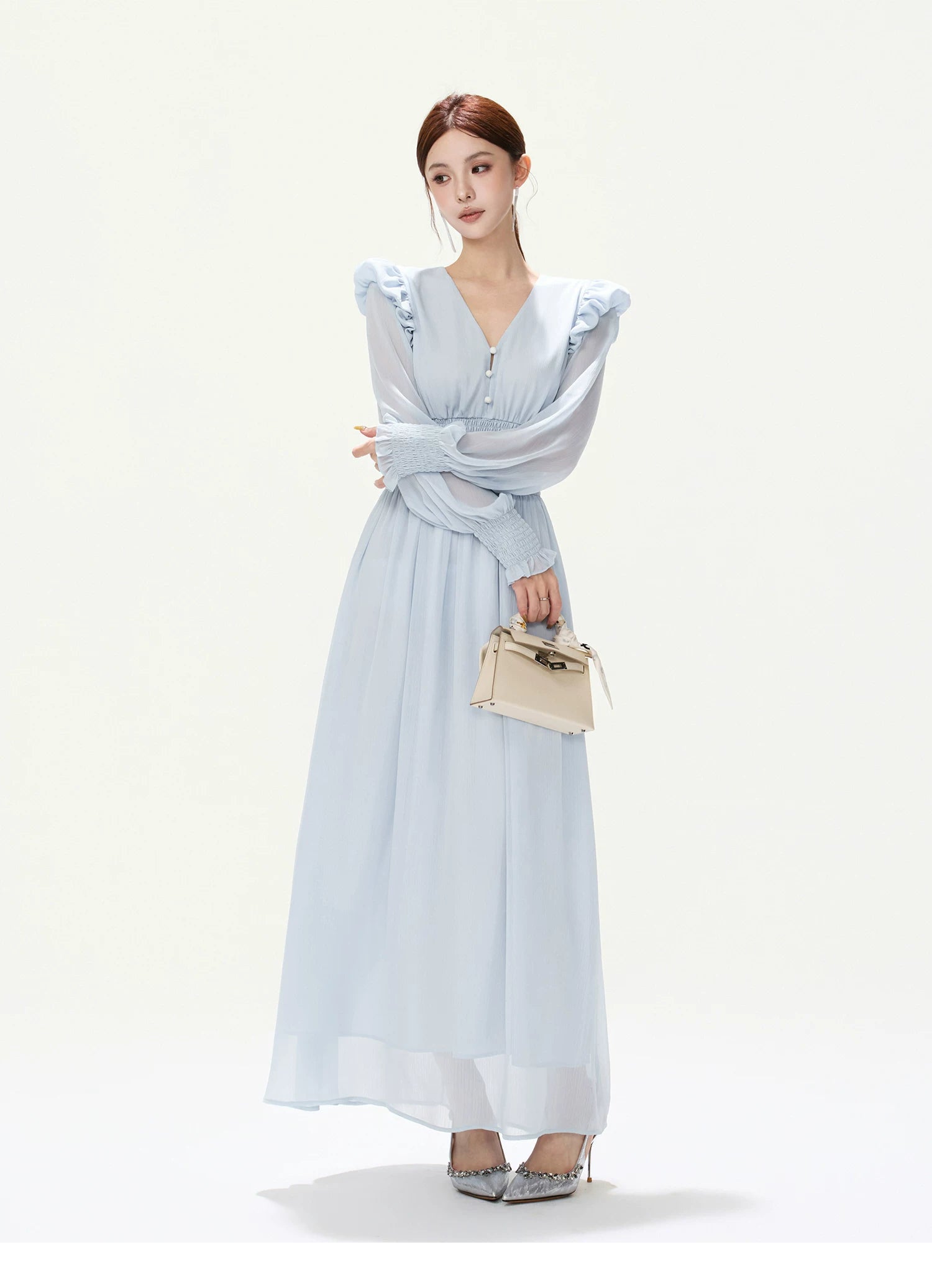 CYNR V-Neck Chiffon Dress with Lantern Sleeves