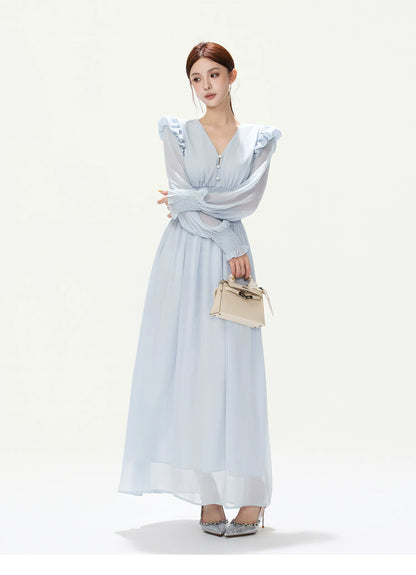 CYNR V-Neck Chiffon Dress with Lantern Sleeves