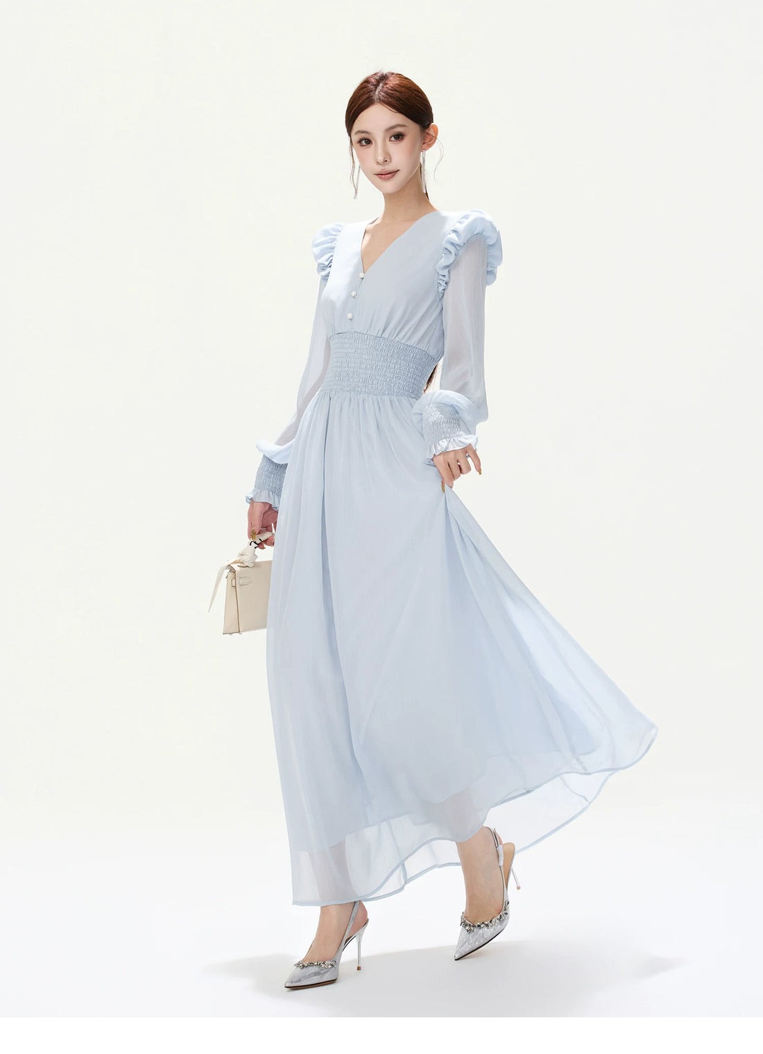 CYNR V-Neck Chiffon Dress with Lantern Sleeves