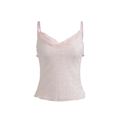 JELLOJELLO Full pearl embroidered chiffon collar camisole top