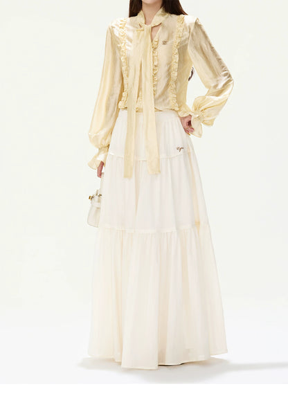 CYNR Ruffled Satin Blouse and Tiered Skirt Set