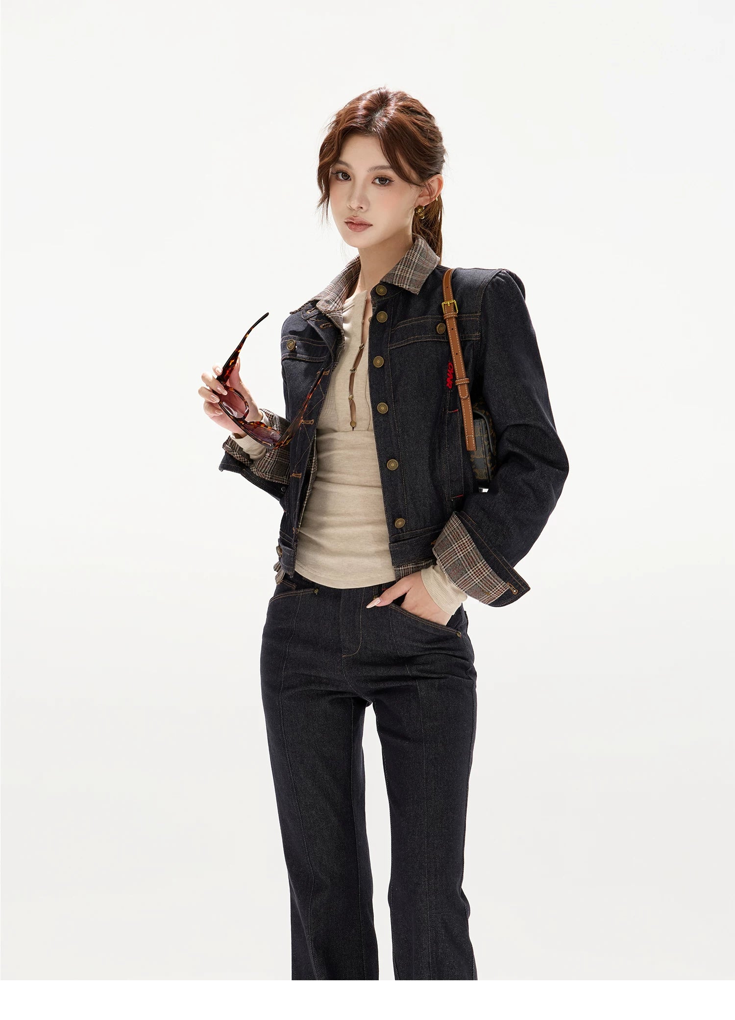 CYNR Patchwork Retro Plaid Color-Block Denim Jeans