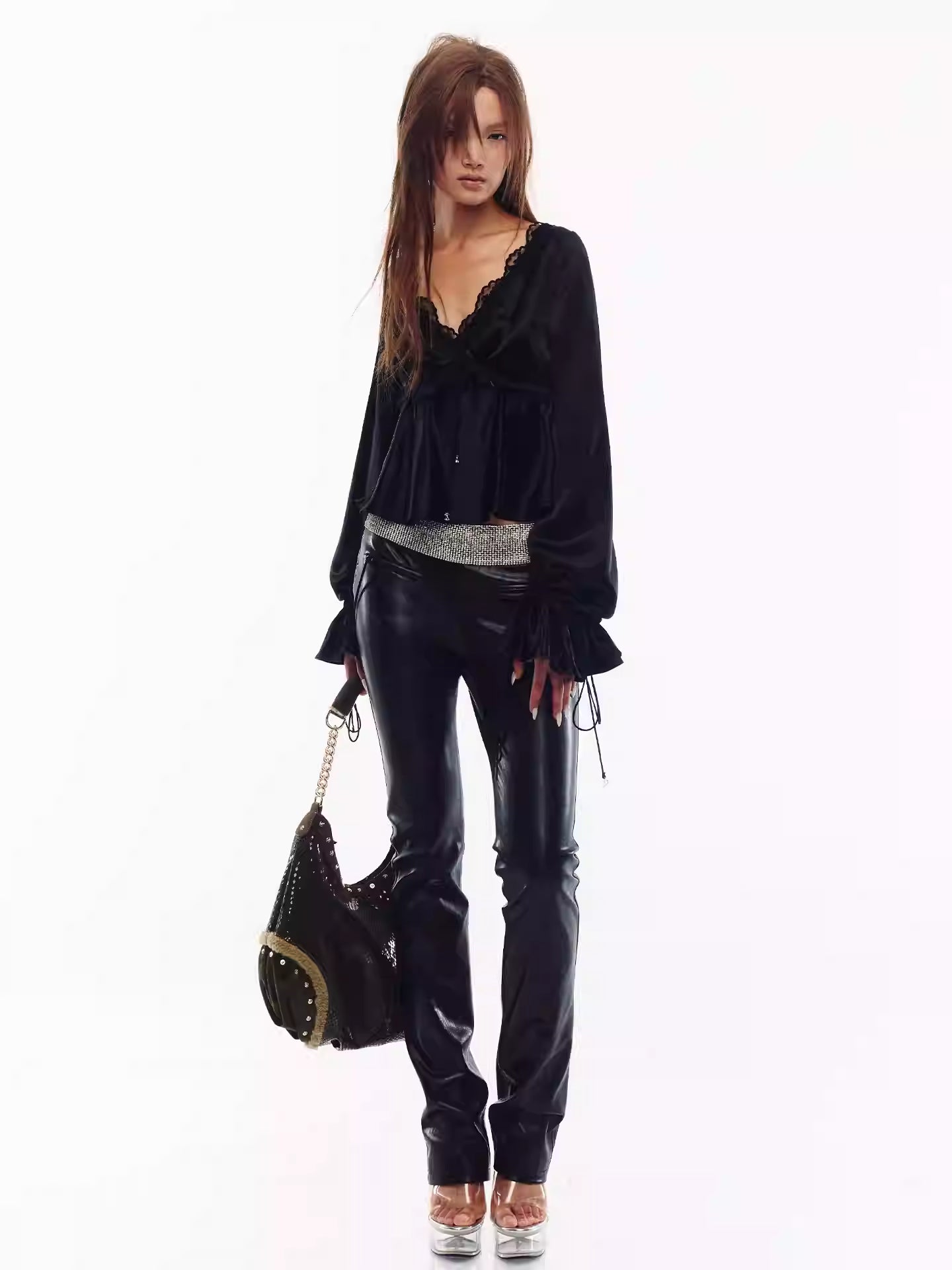 JELLOJELLO Acetate lace patchwork drawstring cuff top