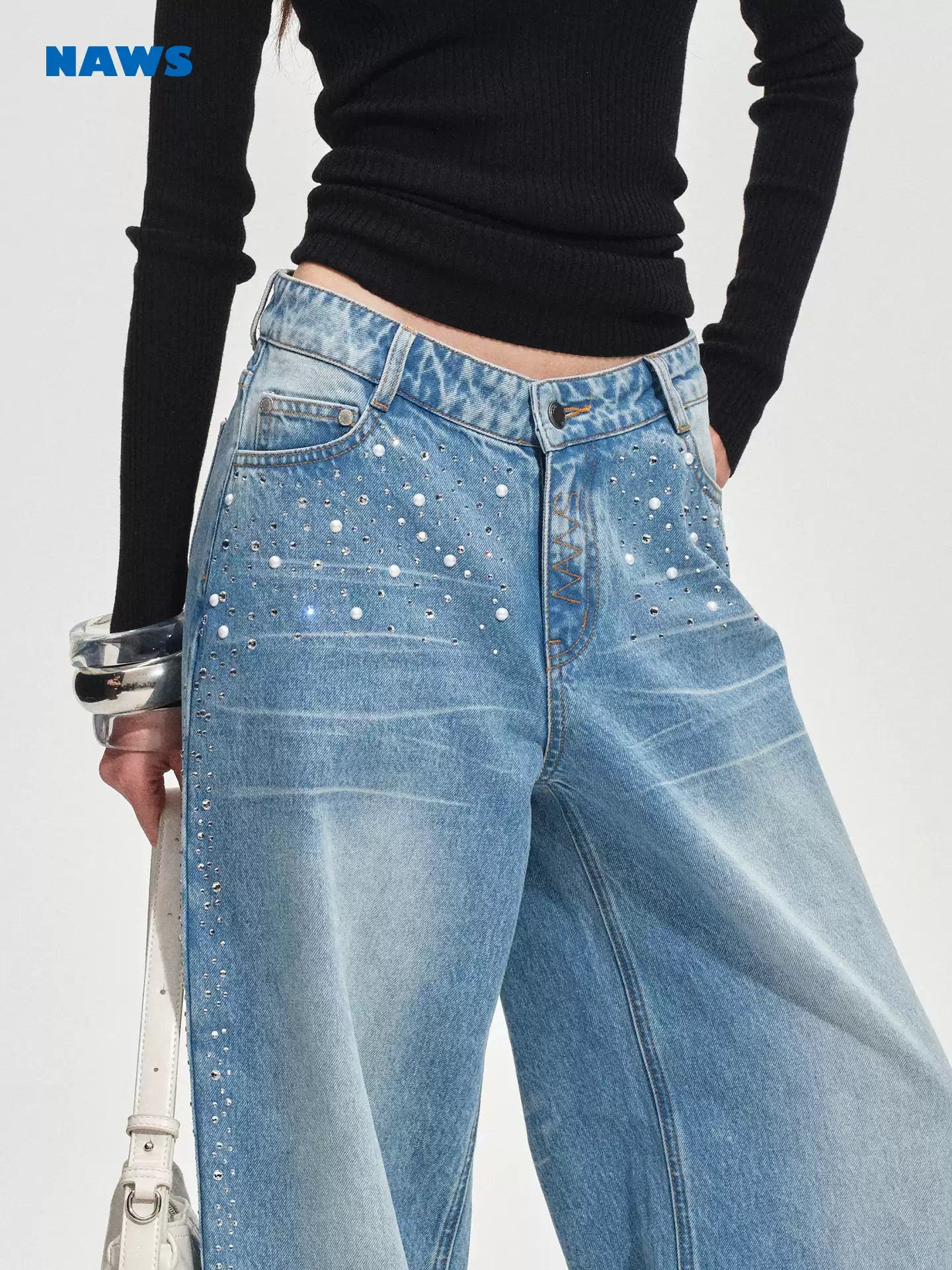 NAWS Washed diagonal pearl hot stamping low denim pants