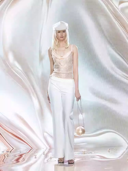 JELLOJELLO Full pearl embroidered chiffon collar camisole top