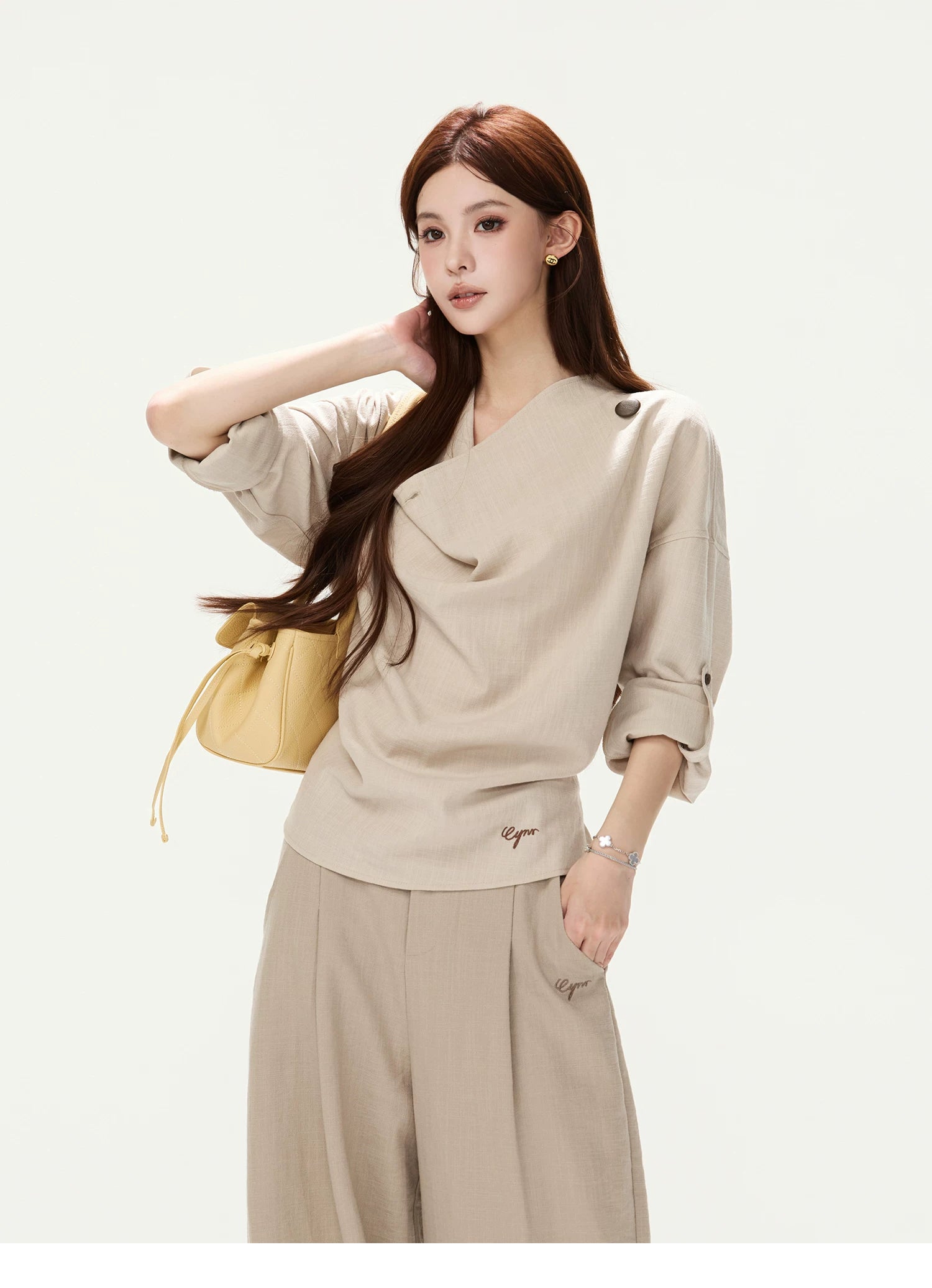 CYNR Cowl Neck Drop-Sleeve Shirt &amp; Leather Shorts