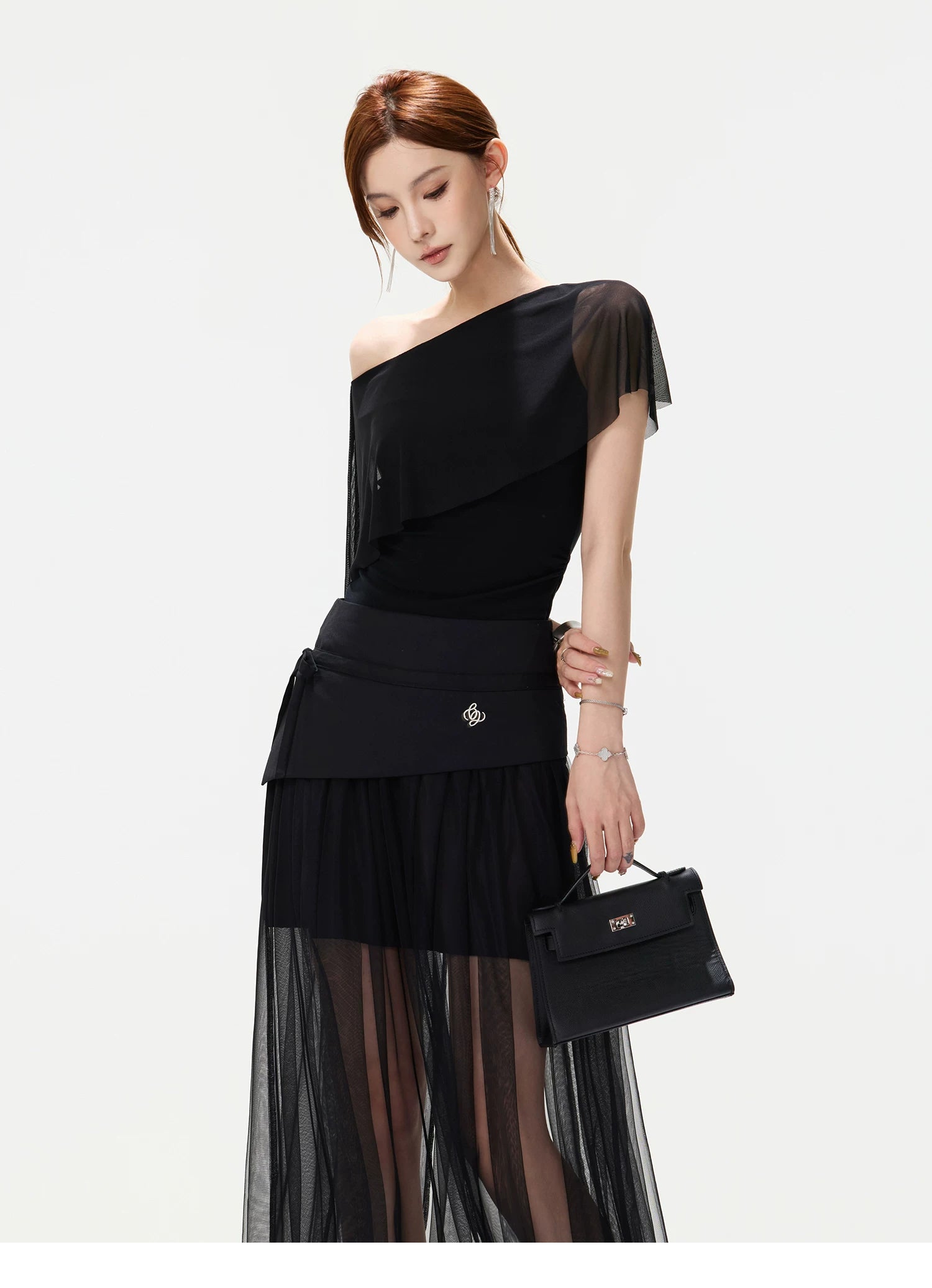 CYNR Asymmetric Shoulder Top &amp; Mesh Skirt Set