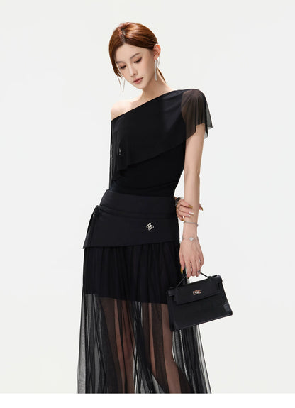CYNR Asymmetric Shoulder Top &amp; Mesh Skirt Set