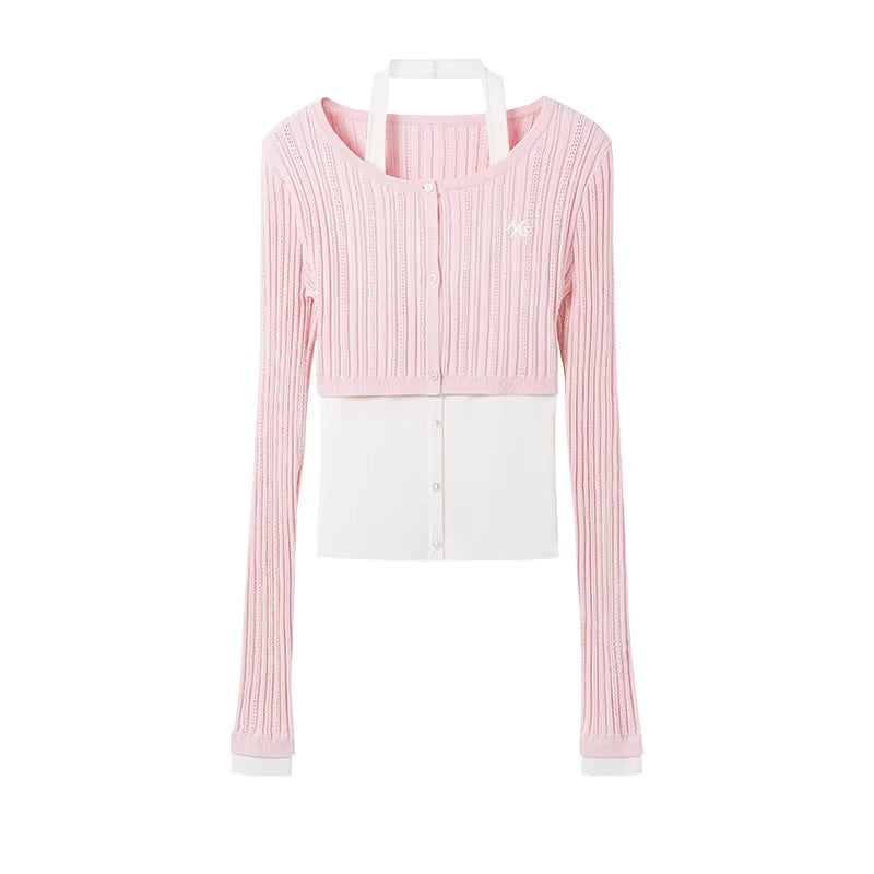NAWS Linen fake two-piece spliced neck knitted cardigan