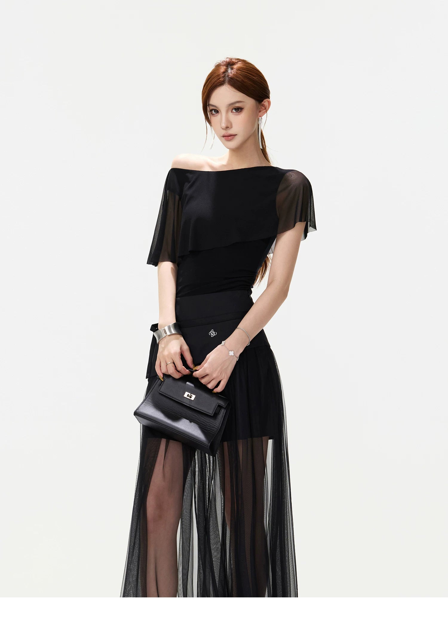 CYNR Asymmetric Shoulder Top &amp; Mesh Skirt Set