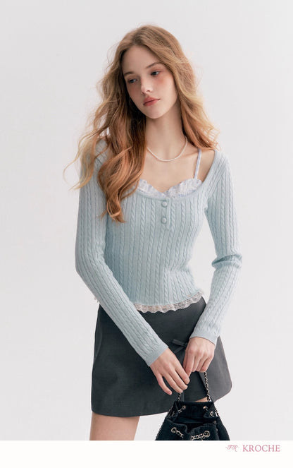 Kroche Faux Layered Cable-Knit Sweater（3 color）