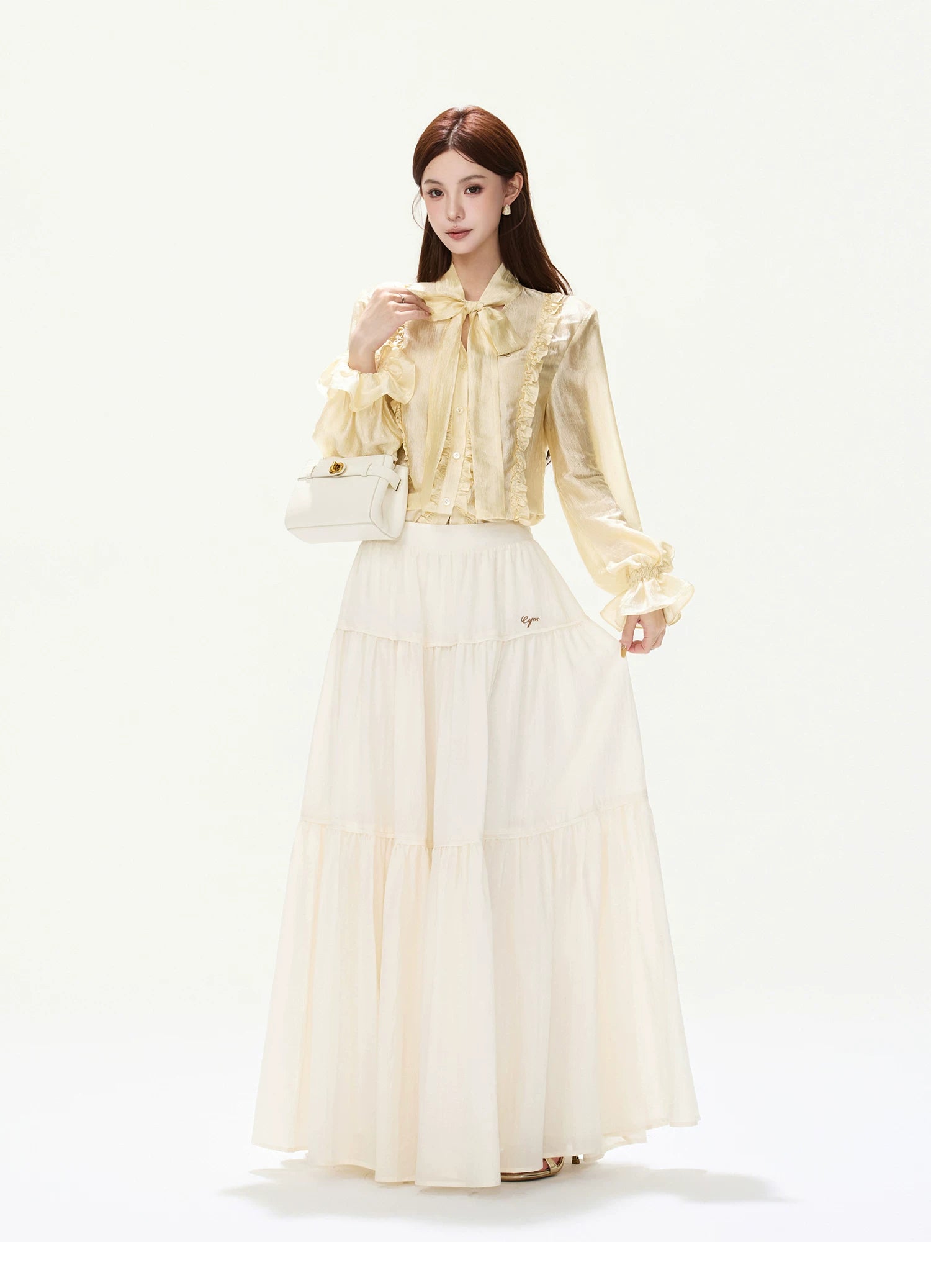 CYNR Ruffled Satin Blouse and Tiered Skirt Set