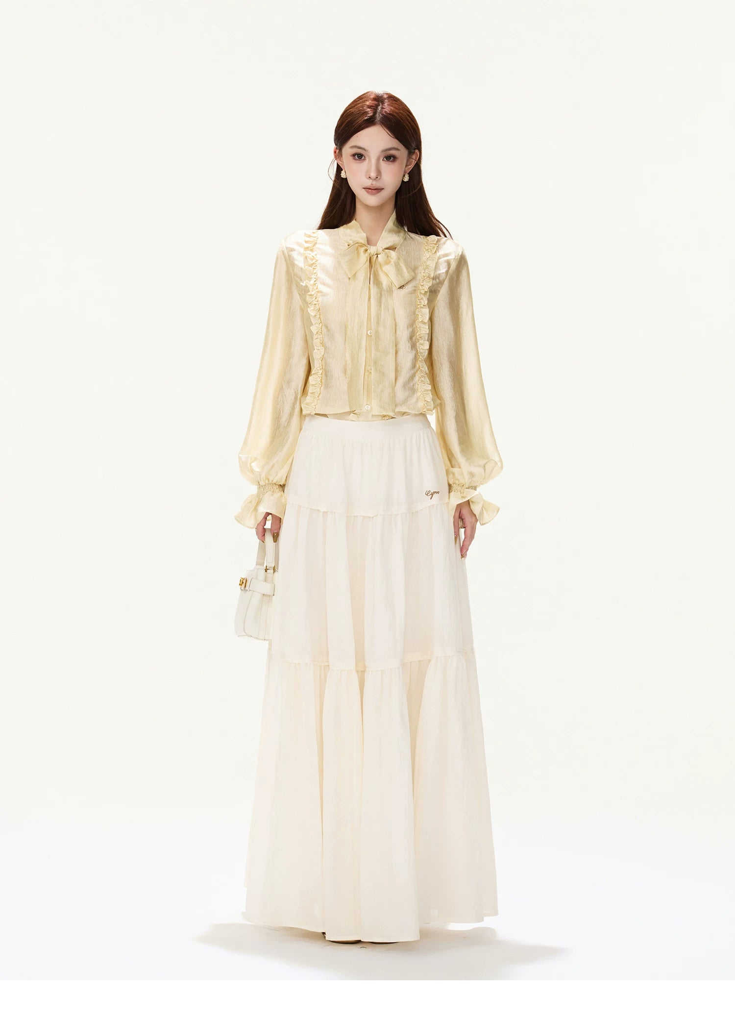 CYNR Ruffled Satin Blouse and Tiered Skirt Set