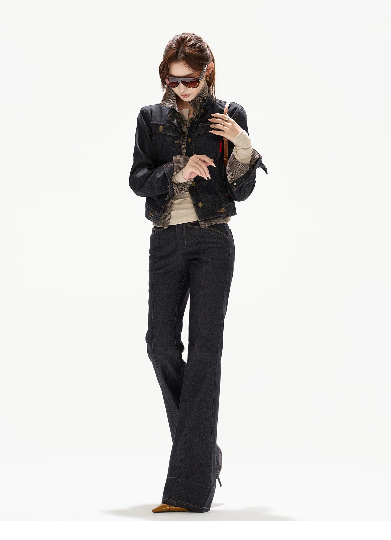 CYNR Patchwork Retro Plaid Color-Block Denim Jeans