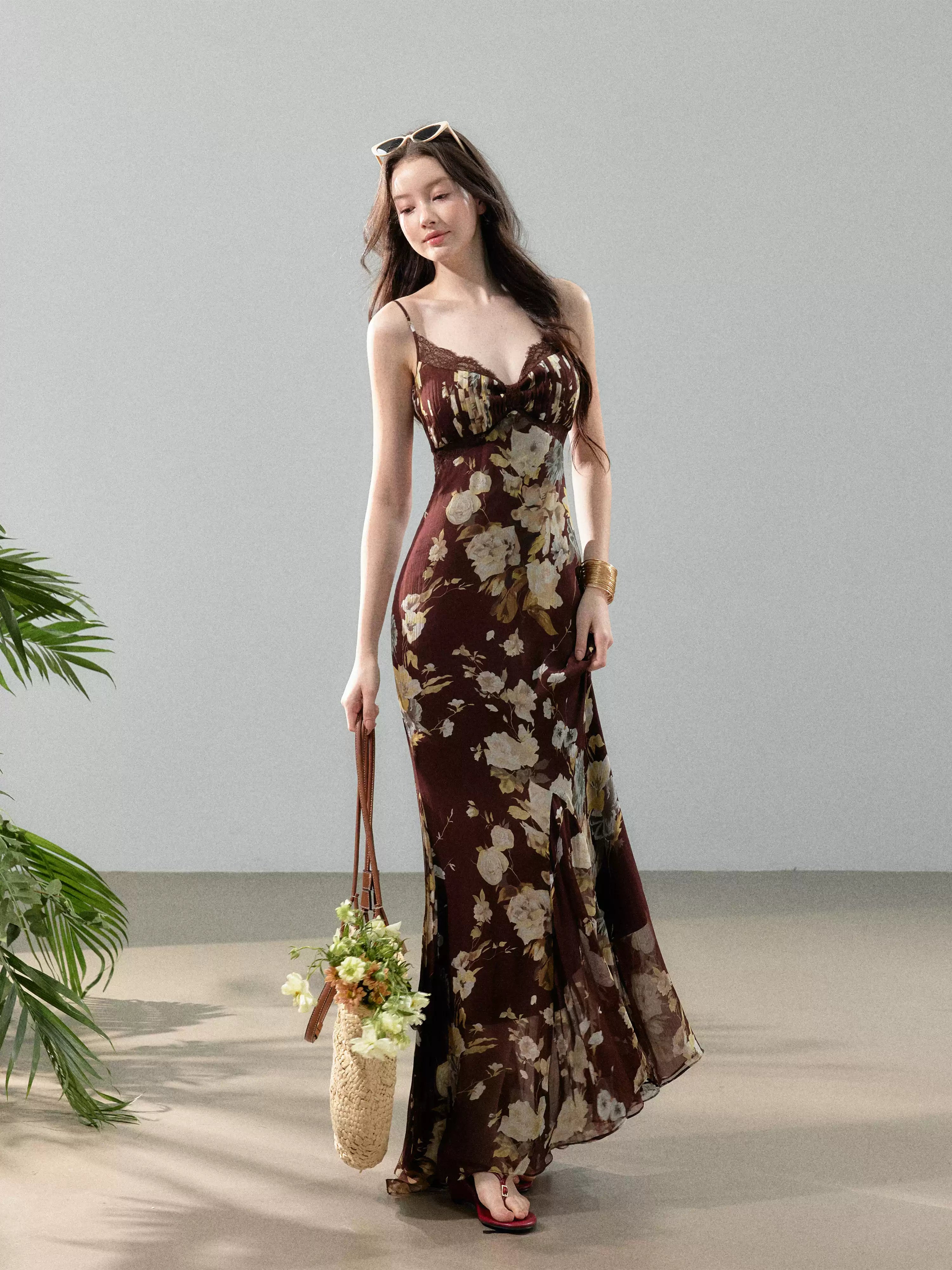 YZZI HE French printed chiffon suspender fishtail dress