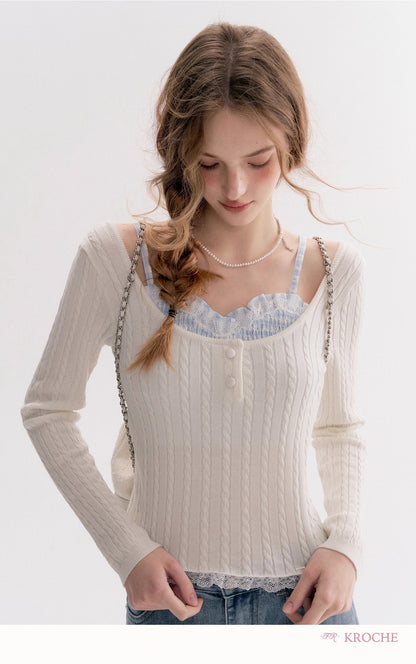Kroche Faux Layered Cable-Knit Sweater（3 color）