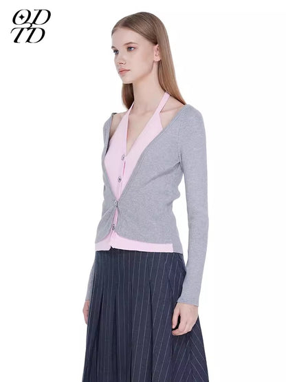 ODTD Fake two-piece neck hanging knitted cardigan