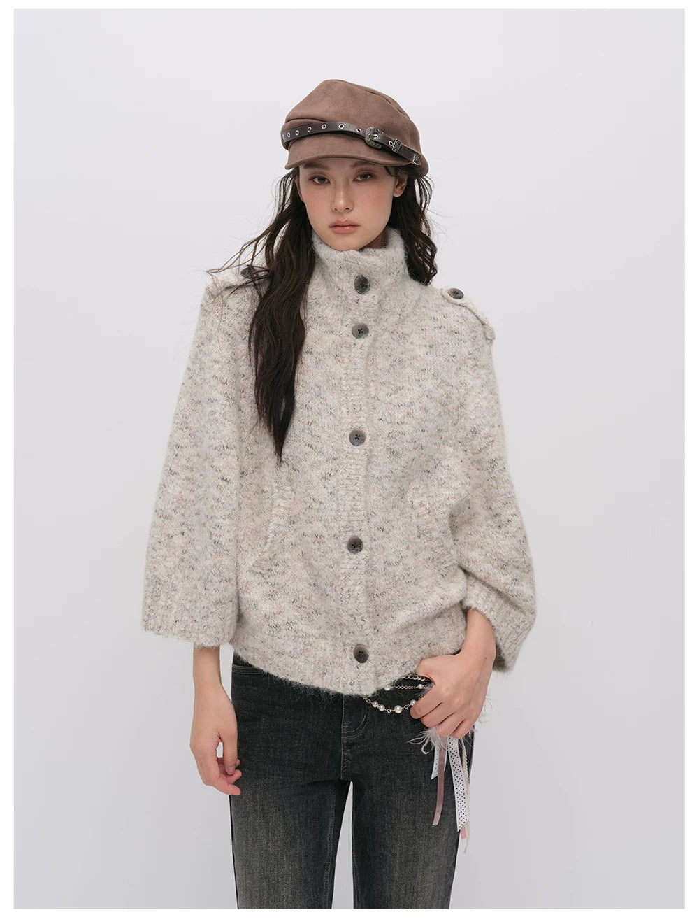 VIA PITTI VIADK6400 Vintage Stand-Collar Knit Cardigan