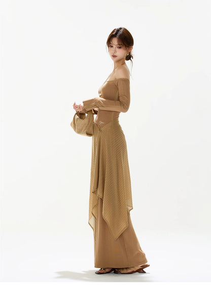 CYNR Hollow knit shawl one shoulder dress