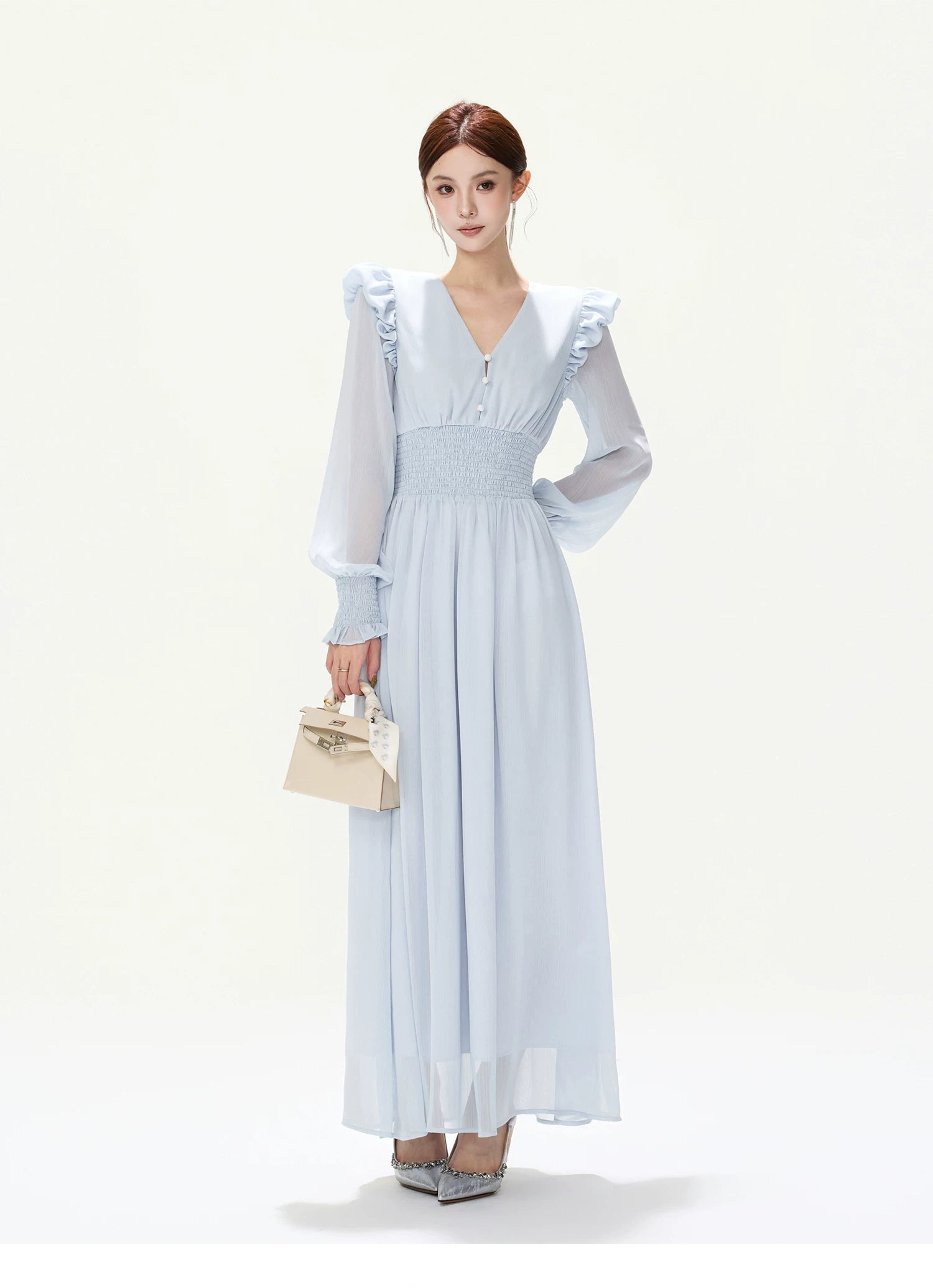 CYNR V-Neck Chiffon Dress with Lantern Sleeves