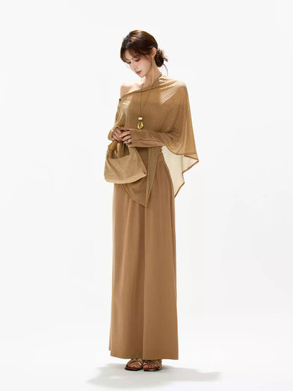 CYNR Hollow knit shawl one shoulder dress