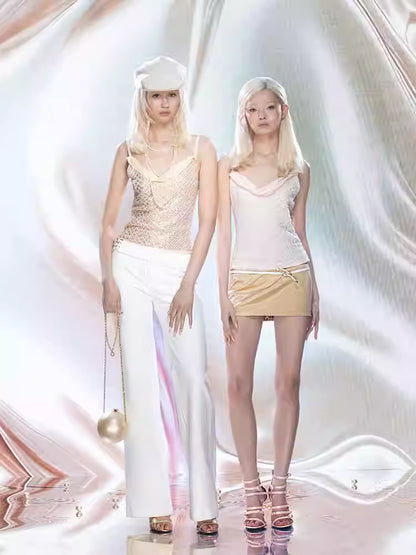 JELLOJELLO Full pearl embroidered chiffon collar camisole top