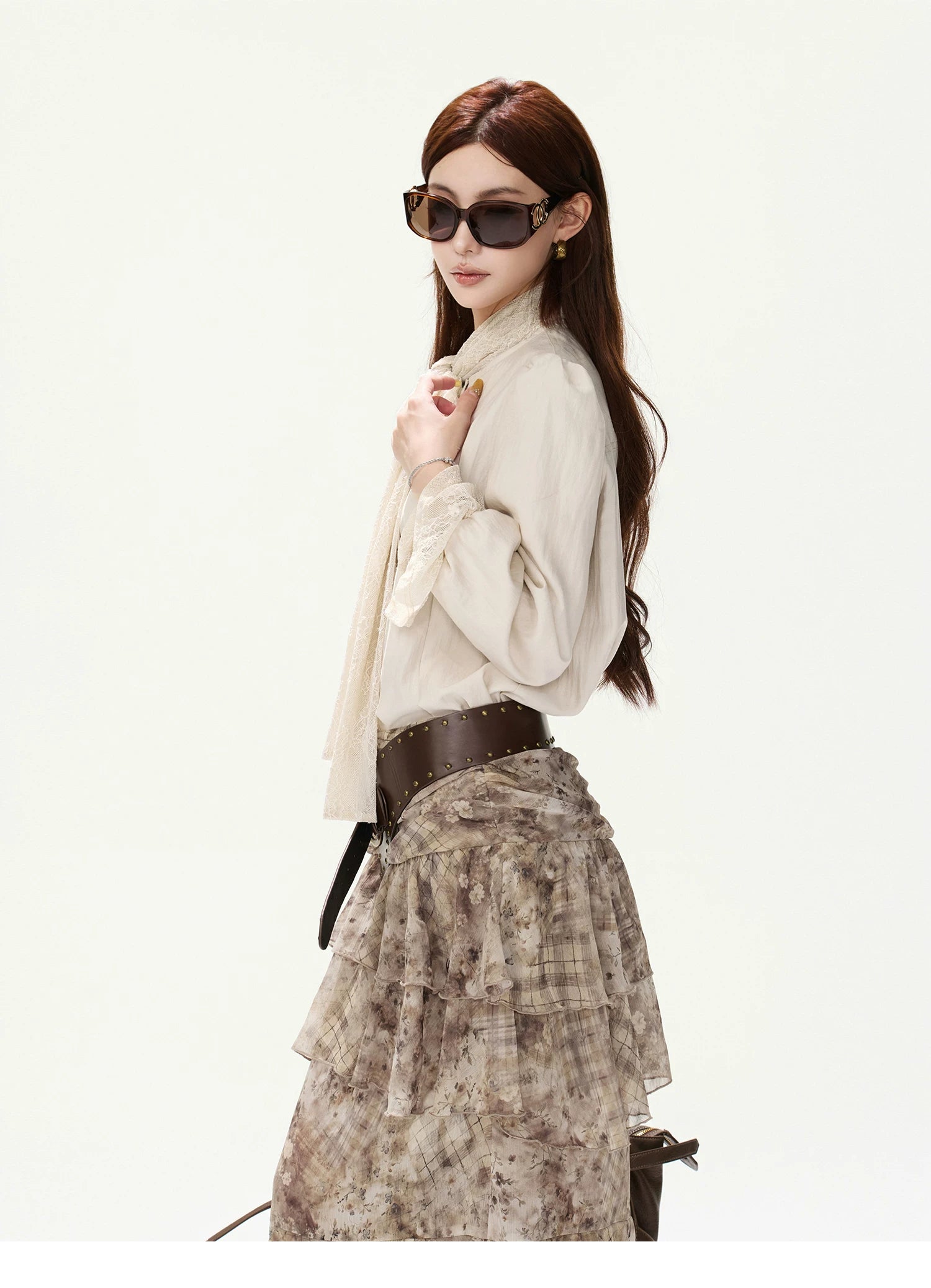 CYNR Lace Tie-Detail Blouse &amp; Chiffon Midi Skirt