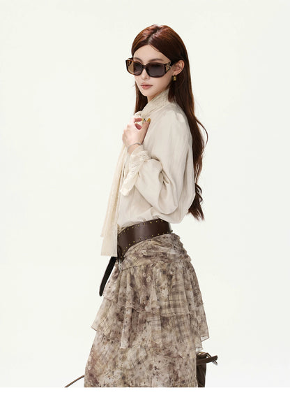 CYNR Lace Tie-Detail Blouse &amp; Chiffon Midi Skirt