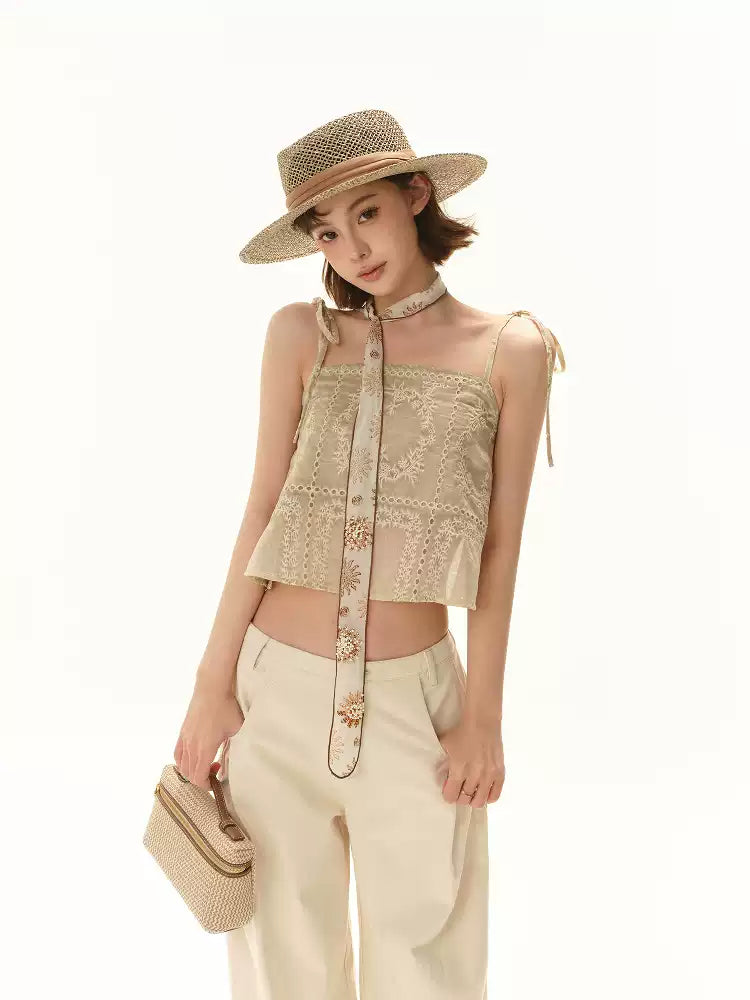 CYNR Vacation style jacquard strap camisole strapless top