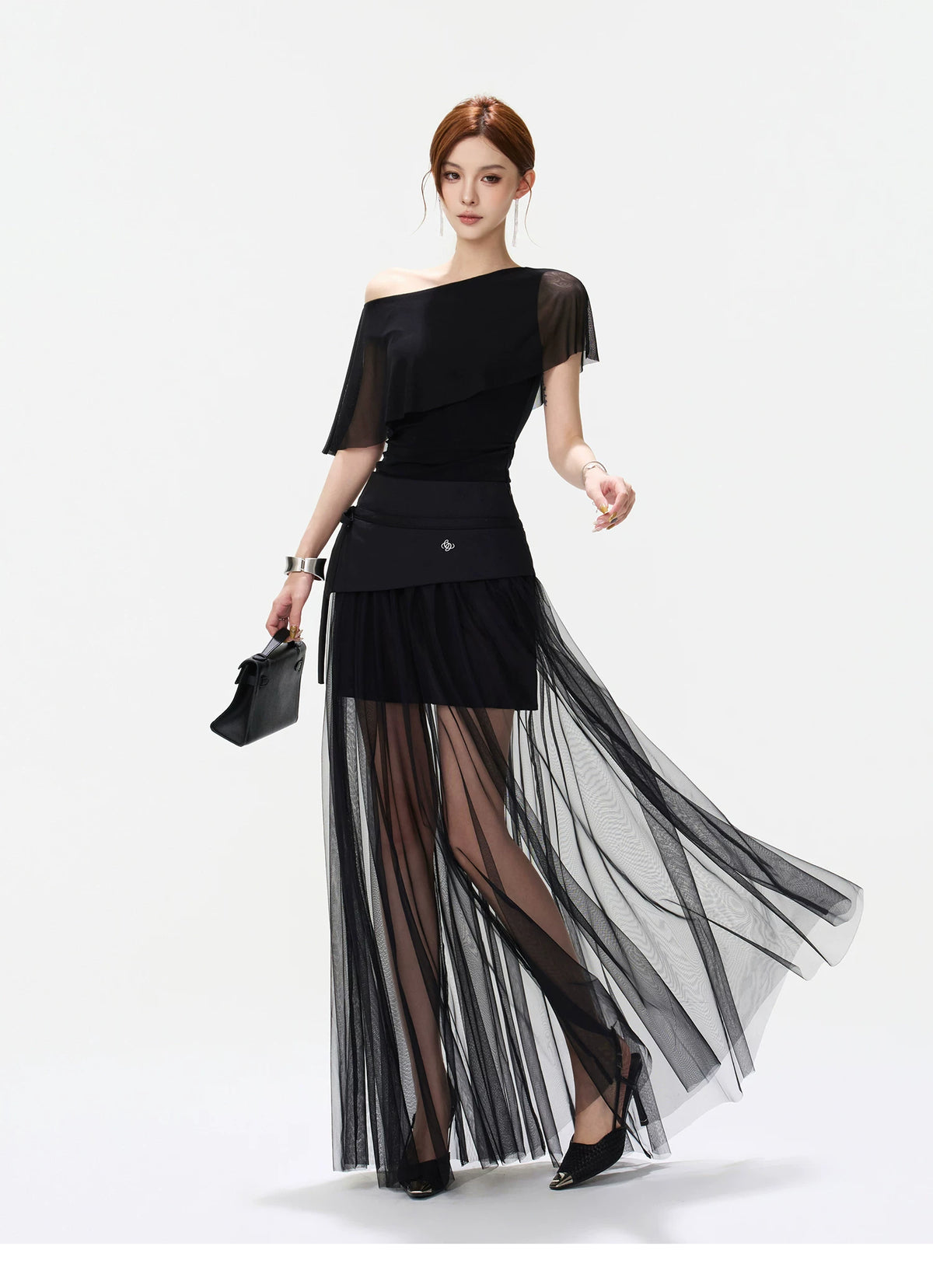 CYNR Asymmetric Shoulder Top &amp; Mesh Skirt Set