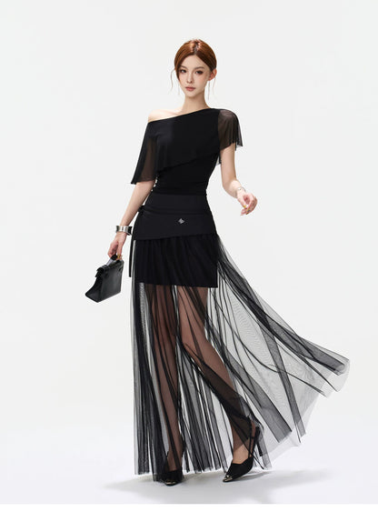 CYNR Asymmetric Shoulder Top &amp; Mesh Skirt Set