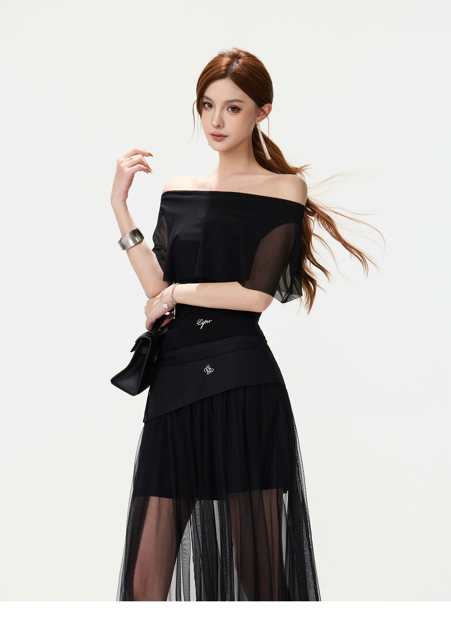 CYNR Asymmetric Shoulder Top &amp; Mesh Skirt Set