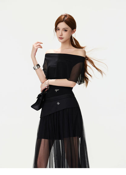 CYNR Asymmetric Shoulder Top &amp; Mesh Skirt Set