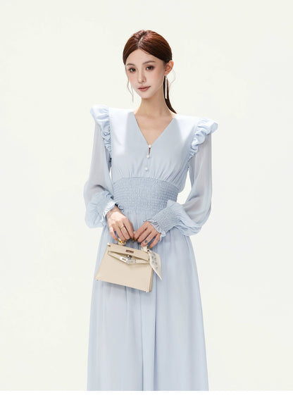 CYNR V-Neck Chiffon Dress with Lantern Sleeves