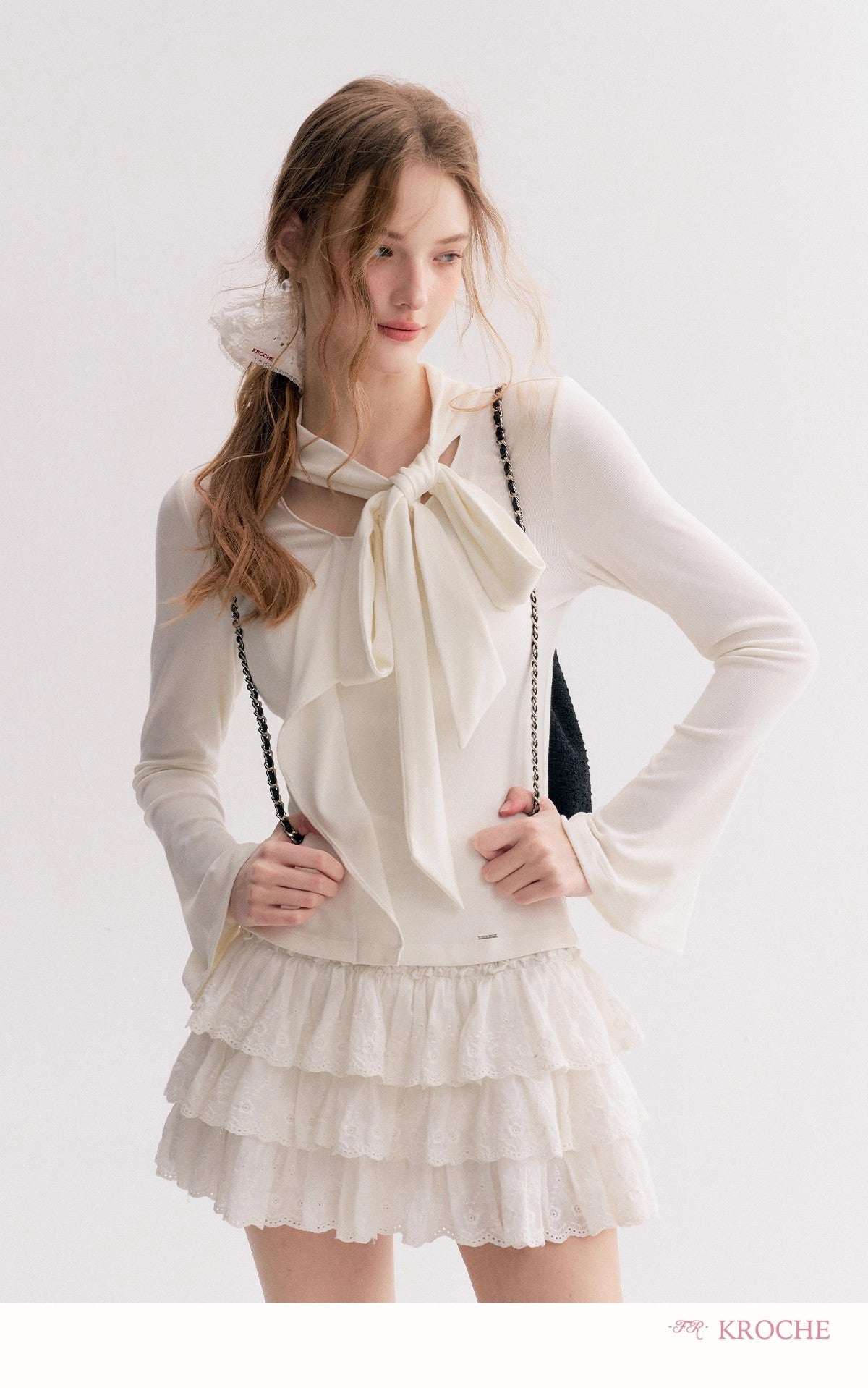 Kroche Lace-trimmed tiered ruffle mini skirt（2 color）