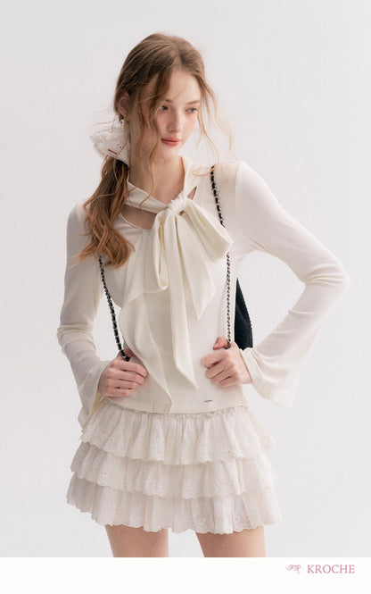 Kroche Lace-trimmed tiered ruffle mini skirt（2 color）