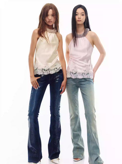 JELLOJELLO Lace edge patchwork acetate fur collar top