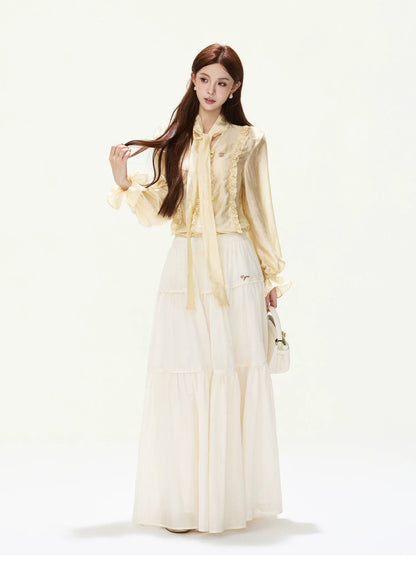 CYNR Ruffled Satin Blouse and Tiered Skirt Set