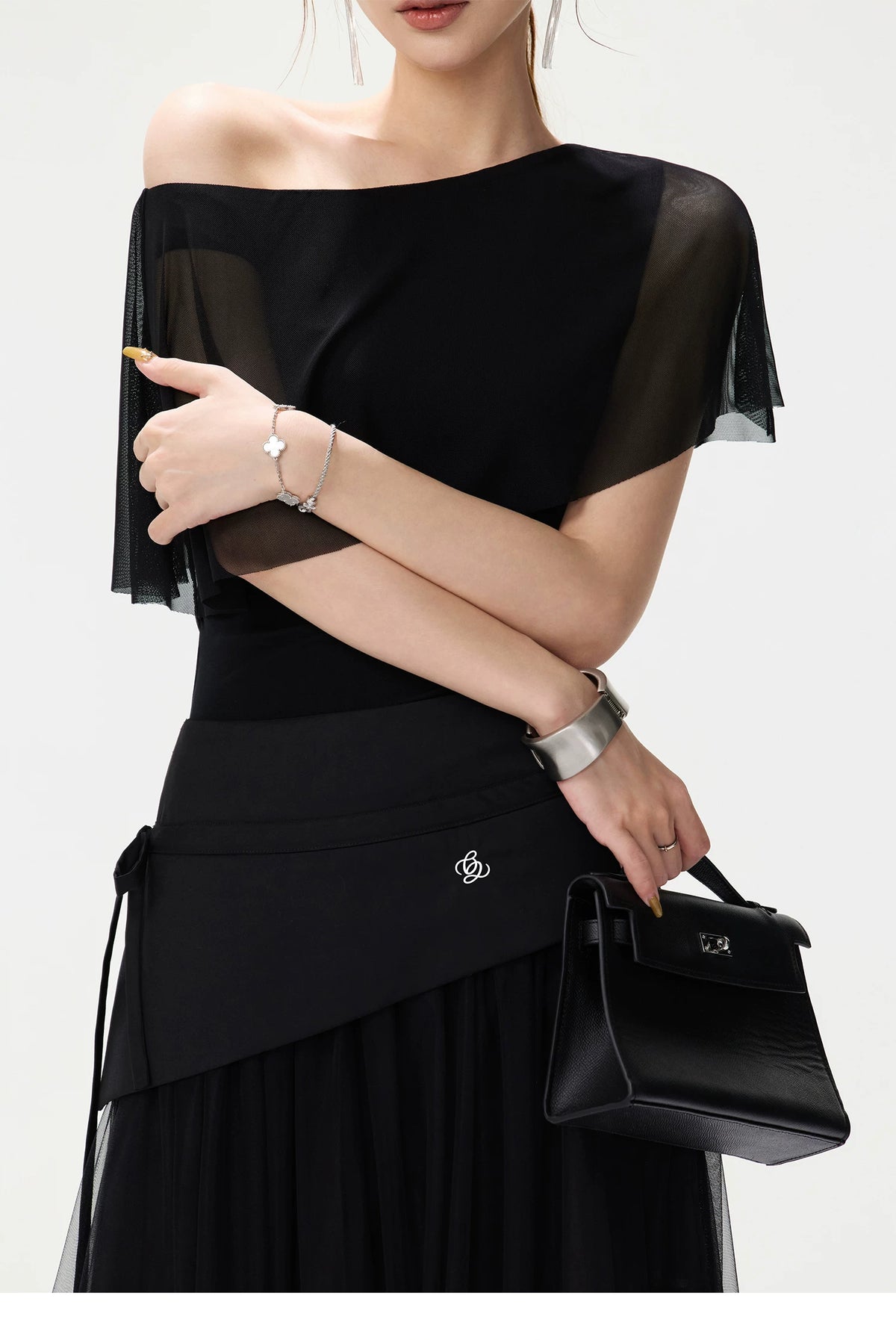 CYNR Asymmetric Shoulder Top &amp; Mesh Skirt Set